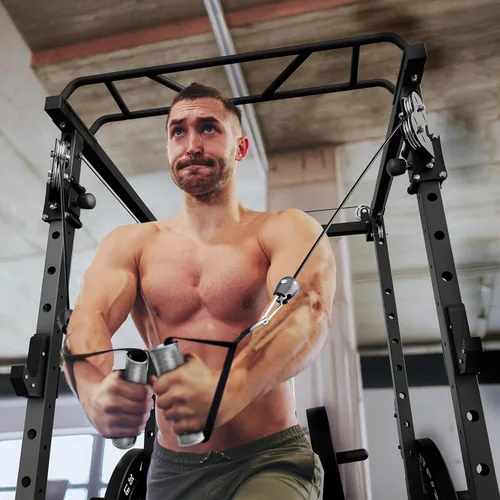 Miniatura 7 de RitFit El paquete multifunción de garaje y gimnasio en casa incluye jaula de potencia de 1200 libras PPC03/P3 con sistema de cruce de cables, banco