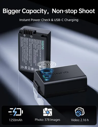 Miniatura 3 de llano Paquete de 2 baterías Aurora EN-EL25 y cargador USB-C de 20 W para Nikon Z50 II, Z50, Z30, Z fc, capacidad de 1250 mAh, con lector