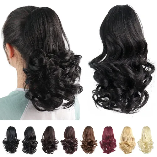 Miniatura 7 de Extensiones de cola de caballo de color negro, pinza de extensiones de cabello rizado para mujer, extensiones de cabello sintético de cola