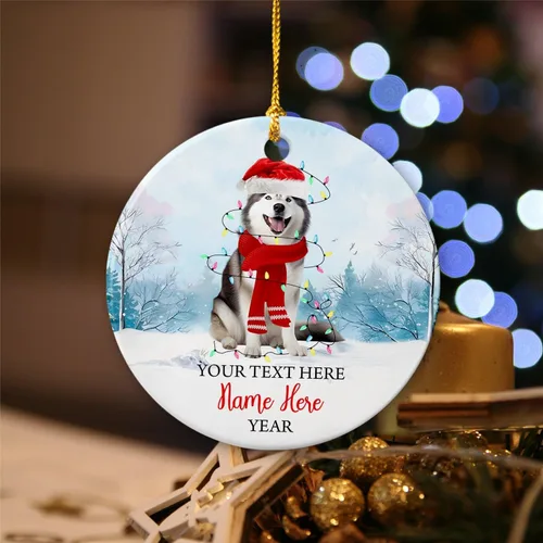Miniatura 4 de Adorno de cerámica de Alaska Malamute de Feliz Navidad, decoración personalizada de Papá Noel, perro de Alaska Malamute nombre de perro, decoración