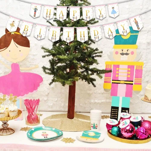 Miniatura 9 de Cartel de cumpleaños de cascanueces para niños y adultos, suministros de fiesta, decoración para cumpleaños de invierno y ballet, rey ratón