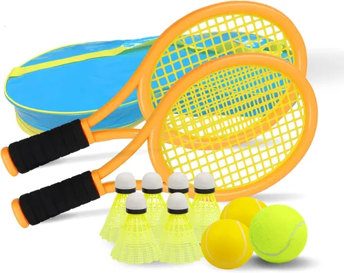 Miniatura 10 de Juego de raquetas de tenis para niños pequeños, mango de esponja, incluye 6 bádminton, 1 pelota de tenis, bolsa y 2 pelotas, aumenta los deportes