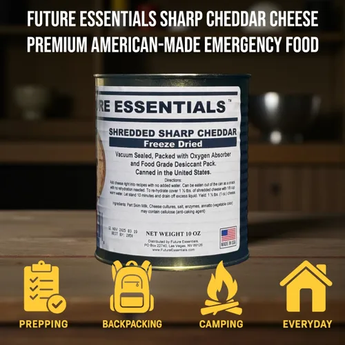 Miniatura 5 de Future Essentials Queso cheddar afilado liofilizado - Lata #2.5 - Suministro de alimentos de emergencia - Vida útil de 25 años - Fabricado