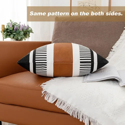 Miniatura 5 de Funda de Almohada Euro de Rayas Estilo Granja 26x26 Funda de Cojín de Acento Grande Cuero Sintético Blanco y Negro Funda de Almohada Decorativa