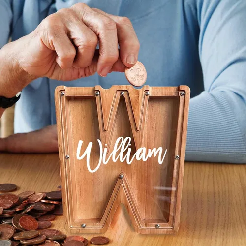 Miniatura 8 de Alcancía de madera grande personalizada, 7.5 pulgadas, con ventana acrílica fácil de abrir, caja de ahorro de dinero inicial para niños y niñas