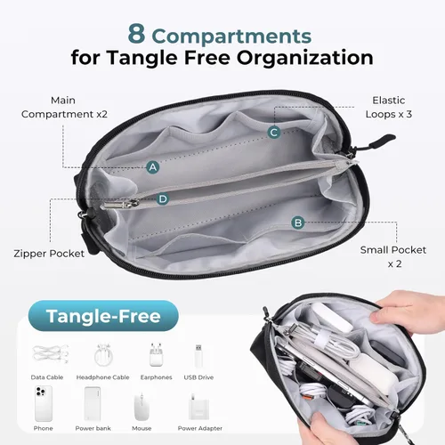 Miniatura 4 de FYY Organizador de cables de viaje, 8 compartimentos, bolsa tecnológica ligera resistente al agua con correa para la muñeca, funda portátil