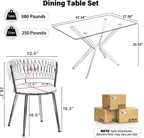 Miniatura 2 de Juego de mesa de comedor de cristal negro de 47 pulgadas para 4, juego de mesa de cocina minimalista moderno y 4 sillas de comedor de terciopelo
