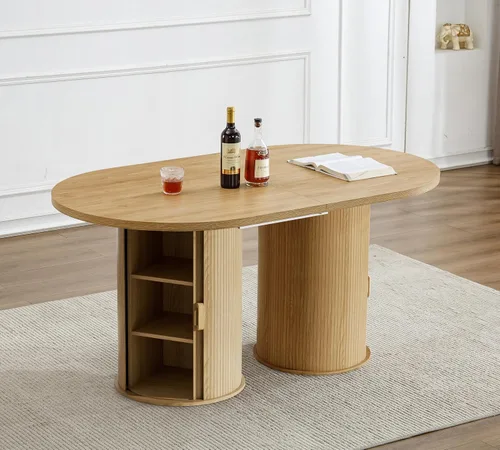 Miniatura 8 de Mesa de comedor redonda extensible con base de almacenamiento, mesa de comedor expandible natural de 63 a 94 pulgadas para 10 personas, mesa