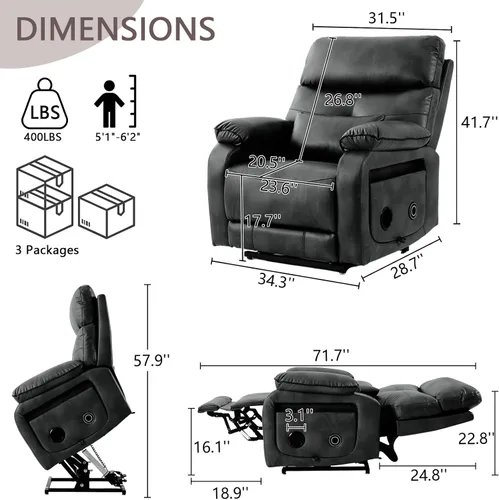 Miniatura 2 de Sillón reclinable eléctrico de doble motor para adultos y personas mayores, silla elevadora de posición infinita con calor y masaje, portavasos