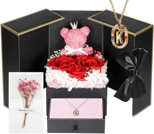 Miniatura 15 de Bonito regalo de oso de rosas reales preservadas con collares iniciales chapados en oro de 18 quilates para mujeres, día de la madre, cumpleaños