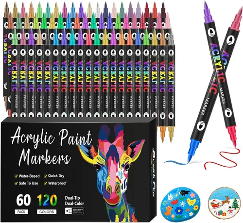 Marcadores de pintura acrílica de 120 colores, paquete de 60 bolígrafos de pintura acrílica de doble punta, puntas de pincel suaves y marcadores de