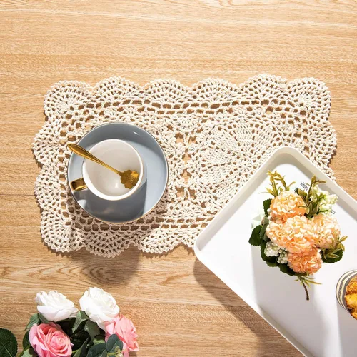Miniatura 7 de Eiyye Doilies rectangulares hechos a mano, 2 piezas hechas a mano de algodón de ganchillo, manteles individuales de mesa de ganchillo de 10.6 x 16.9