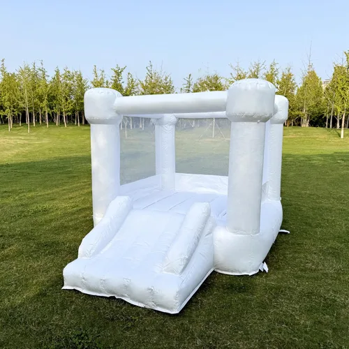 Casa inflable de PVC blanca, casa hinchable con tobogán, casa de rebote para niños 3-6 soplador incluido, 8.7 pies de largo x 6 pies de ancho x 6