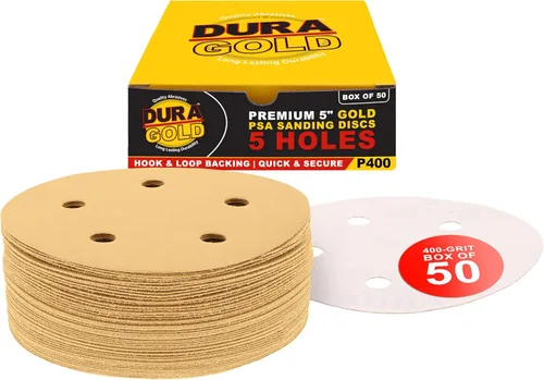 Miniatura 10 de Dura-Gold - Premium - Grano 80 - Discos de lija dorados de 5 pulgadas - Gancho y bucle sin polvo de 5 agujeros para lijadora DA - Caja de 50 discos