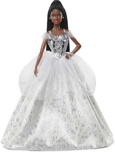 Barbie Signature 2021 - Muñeca navideña (12 pulgadas, cabello trenzado moreno) en vestido plateado, con soporte para muñeca y certificado de