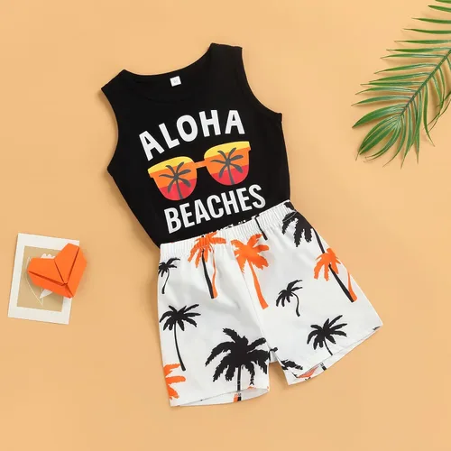 Miniatura 2 de Conjunto de pantalones cortos para niños pequeños, camiseta estampada junto al mar, 2 piezas, ropa de verano