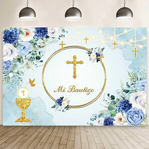 MEHOFOND Telón de fondo Mi Bautizo de 7 x 5 pies, diseño floral azul para la primera comunión, fondo de fotografía de la primera comunión, Santo