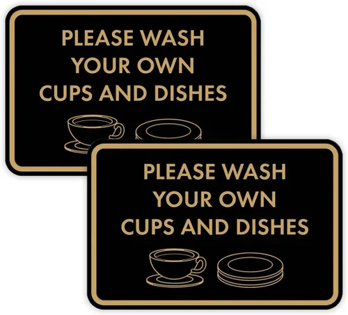 Miniatura 61 de Letrero clásico enmarcado con texto en inglés «Please Wash Your Own Cups and Dishes» (oro cepillado), pequeño