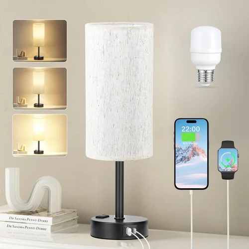 Miniatura 38 de Fenmzee Juego de lámparas de mesa pequeñas táctiles regulables de 2 a 3 vías, carga USB A + C, salida de CA, base de grano de madera, bombillas