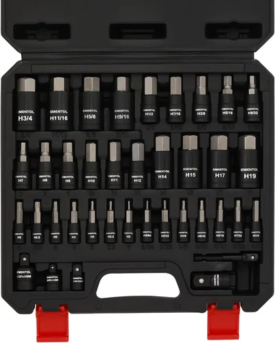 EMENTOL Juego de 38 llaves Allen de 1/4" 3/8" 1/2", SAE/Metric, incluye adaptador de taladro eléctrico, adaptadores de zócalo, 0.079 in - 0.748 in,