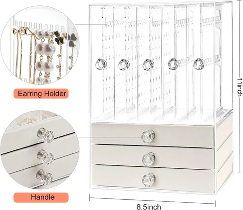 Miniatura 2 de Jenseits Acrylic Jewelry Holder, Clear Earring Organizer with 3 Drawers, Velvet Hanging Jewelry Stand Storage for Necklace Earrings Ring Bracelet