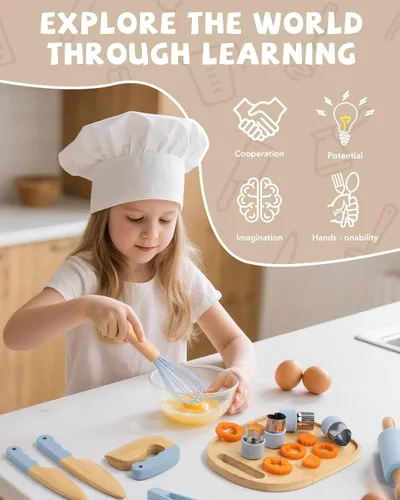 Miniatura 6 de Juego de cocina Montessori de madera para niños, herramientas de cocina reales y utensilios para hornear, kit de cocina de 15 piezas para niños