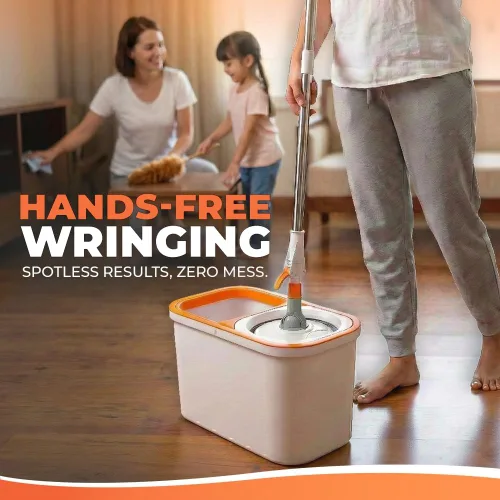 Miniatura 5 de Grazie Juego de trapeador giratorio y cubeta – Sistema de autoescurriente de 360°, mango de acero inoxidable – Limpieza de suelos manos libres