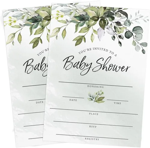Miniatura 7 de Printed Party Invitaciones y sobres para baby shower, eucalipto verde, juego de 30