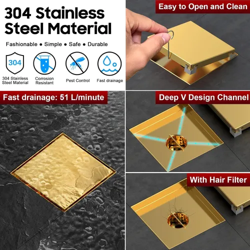 Miniatura 3 de DLONE Drenaje de ducha cuadrado Drenaje de ducha de 6 pulgadas de acero inoxidable AISI 304 dorado cepillado con panel de inserción de azulejos 2