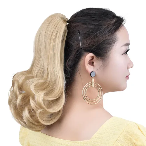Miniatura 3 de Extensiones de cola de caballo rubias con clip de garra falsa, extensión de cabello sintético de 12 pulgadas, ondulado, 3.8 onzas, extensiones