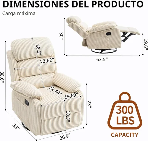 Miniatura 2 de Silla mecedora reclinable de 360° para adultos, silla reclinable para cuarto de bebé con bolsillo lateral, un cómodo sillón de sofá individual Gris