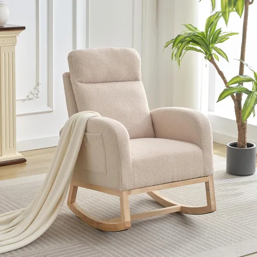 Miniatura 8 de IDEALHOUSE Mecedora para guardería, mecedora tapizada con respaldo alto y bolsillo lateral, cómoda silla de lactancia para lactancia, sillón