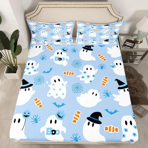 Miniatura 15 de Sábana bajera ajustable de fantasma de Halloween, tamaño individual, sábana de bruja de calabaza de caramelo de dibujos animados, juego de ropa