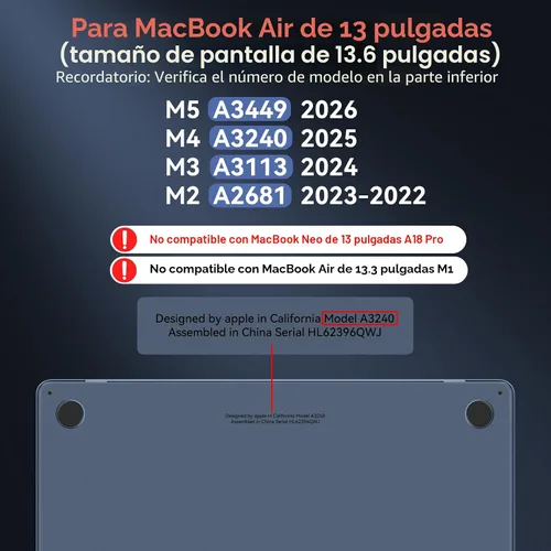 Miniatura 2 de BlueSwan Funda para MacBook Air de 13 pulgadas, M5 M4 M3 M2 2026-2022 A3449 A3240 A3113 A2681, 100% color oficial, resistente a los arañazos, fácil