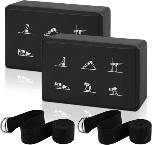 Juego de 2 bloques de yoga y 2 correas de yoga, bloques de espuma EVA antideslizantes, ladrillos de yoga de alta densidad con correa de 6 pies,