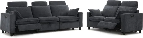 Miniatura 12 de Sofá reclinable eléctrico de gran tamaño, sofá reclinable de chenilla blanco crema con reposacabezas ajustable, almohadas, juego de muebles
