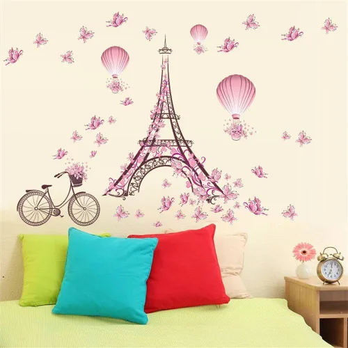 Miniatura 3 de Aniversario Día de la Madre Romántico Francia París Torre Eiffel Calcomanías de pared para habitación de niñas, flores bicicletas, mariposas, globo