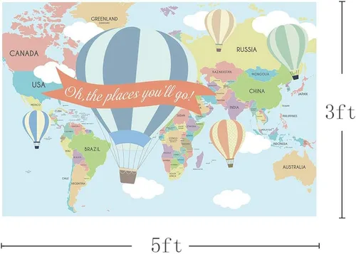 Miniatura 2 de MEHOFOND Mapa de viaje, decoración de fiesta de cumpleaños, telón de fondo de viaje alrededor del mundo, globo aerostático Oh The Places You Will Go