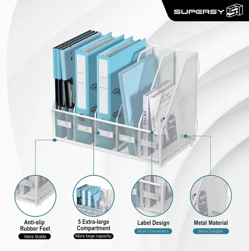 Miniatura 5 de SUPEASY Organizador de escritorio de metal para revistas, con 5 compartimentos verticales, organizador de archivos para escritorio de oficina, Negro