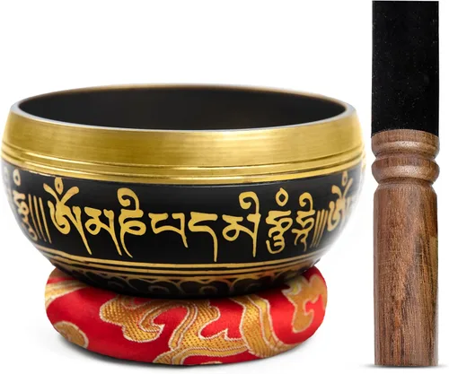 Miniatura 17 de Juego de cuencos tibetanos de latón, grado curativo maestro, auténtico cuenco de sonido hecho a mano por Himalayan Bazaar Negro