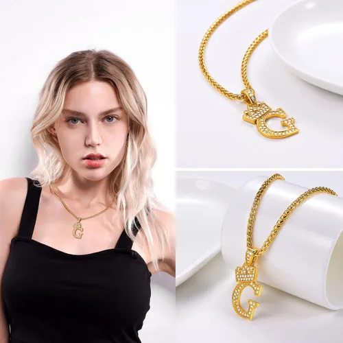 Miniatura 4 de U7 Collar con inicial de corona de la A a la Z, colgante de letra con cadena de 22 a 24 pulgadas, para hombres y mujeres, joyería con nombre