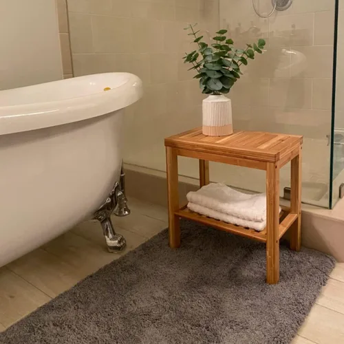 Miniatura 6 de SOUJOY Banco de ducha de bambú, taburete de asiento de baño, taburete de afeitado para reposapiés de spa, estante de almacenamiento para toalla
