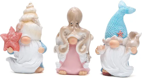 Miniatura 9 de Hodao Figuras de gnomos del océano costero – Gnomos de playa de resina pintados a mano con sombreros de conchas y estrellas de mar, decoraciones