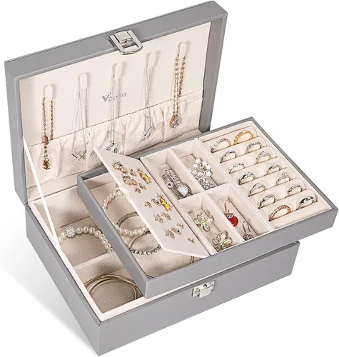 Voova - Joyero organizador para mujeres y niñas, 2 capas de almacenamiento de joyas grandes para hombres, soporte para joyas de piel sintética con