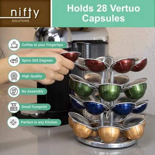 Miniatura 4 de Nifty Vertuoline - Carrusel de cápsulas de café, acabado de níquel cromado, soporte para cápsulas de 28 cápsulas, gira 360 grados, plataforma Lazy