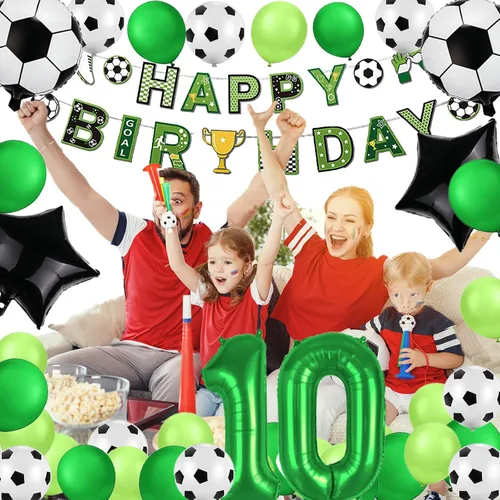 Miniatura 4 de Decoraciones de fiesta de cumpleaños número 10 para niños, decoraciones de fiesta de cumpleaños de fútbol, pancarta de feliz cumpleaños, suministros