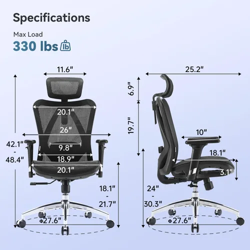 Miniatura 13 de SIHOO M57 Silla de oficina ergonómica de malla, silla de escritorio con respaldo alto para el hogar con reposabrazos 3D, soporte lumbar y Gris
