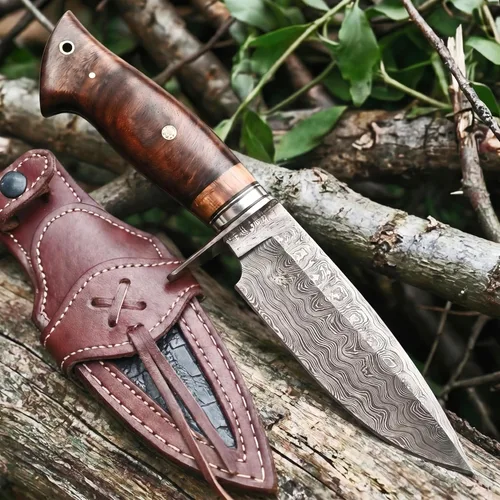 Miniatura 12 de BIGCAT ROAR Beast Hunter - Cuchillo de caza de hoja fija de acero de Damasco hecho a mano de 10" - Mango de madera de nogal y funda de cuero