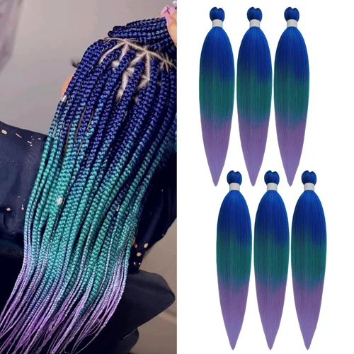 Miniatura 8 de Cabello trenzado verde azulado preestirado, hipoalergénico, sintético, color azul aguamarina, para trenzas y giros, extensiones de cabello largo