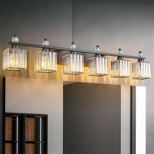 Miniatura 27 de Luces de Tocador de Baño de 3 Luces, Placado Negro, Modernas Luces de Tocador de Cristal para Baño, Luces de Tocador de Cristal para Usar Sobre